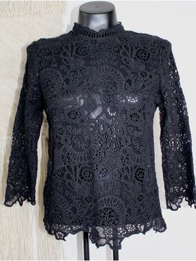 Rebecca Taylor Size 4 Black loop Lace sheer 3/4 Long Sleeve Top High Neck